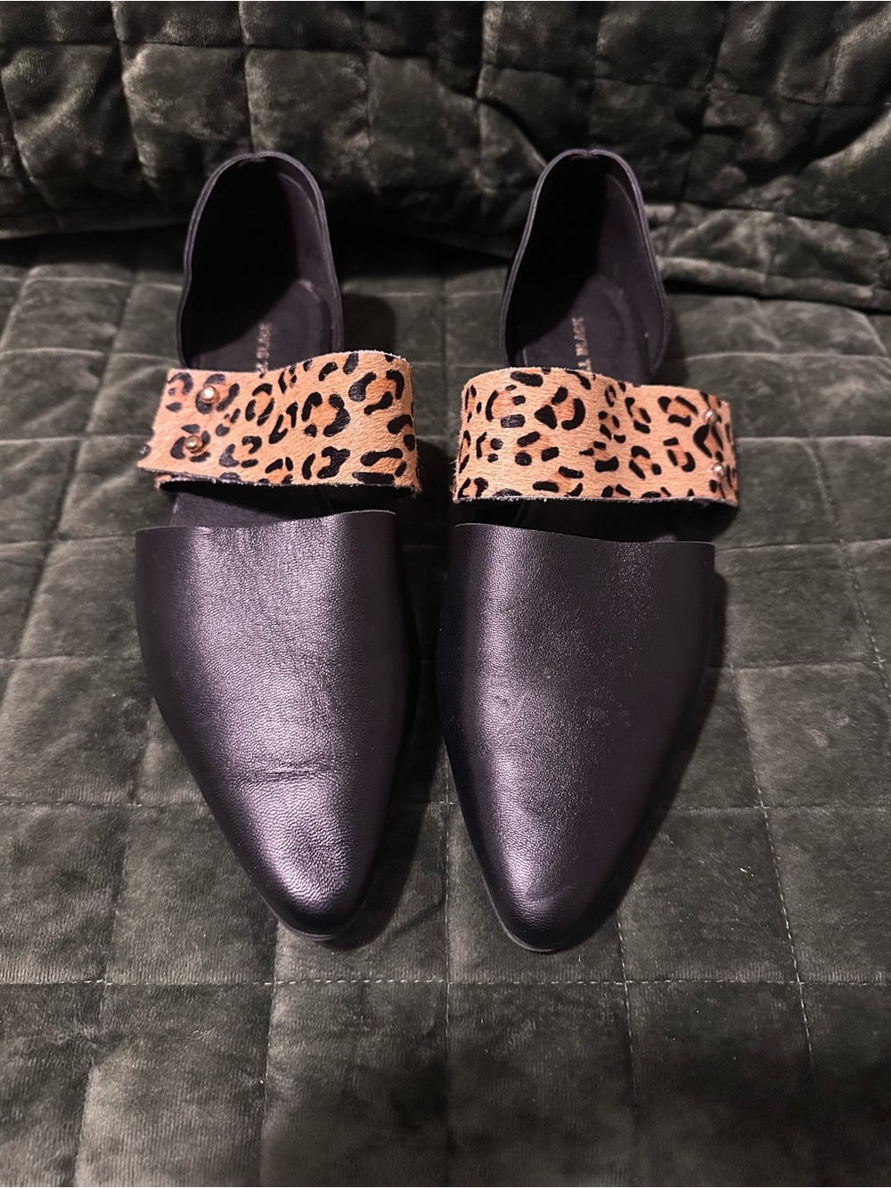 Women's Black Pointed Slip-On Flats with Leopard Strap